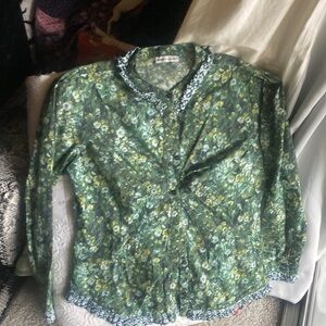 Batsheva by Laura Ashley cotton printed green navy top blouse puff sleeve shirt